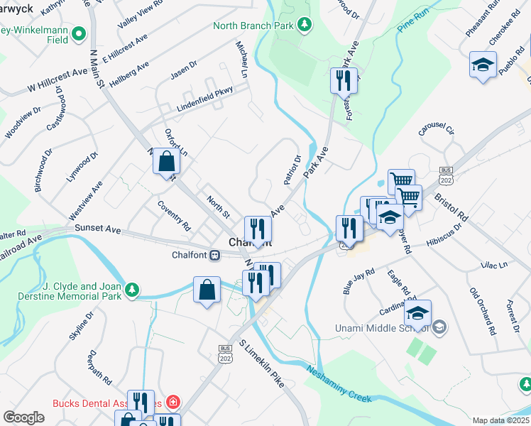 map of restaurants, bars, coffee shops, grocery stores, and more near 53 Park Avenue in Chalfont