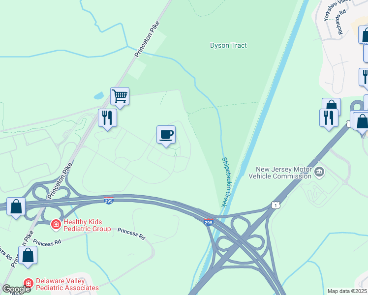 map of restaurants, bars, coffee shops, grocery stores, and more near 60 Pratt Lane in Lawrence Township