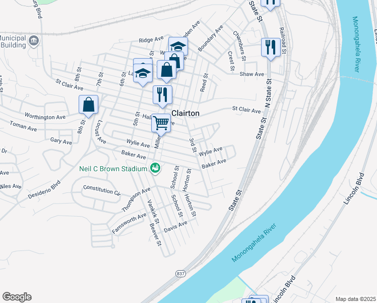 map of restaurants, bars, coffee shops, grocery stores, and more near 319 Wylie in Clairton