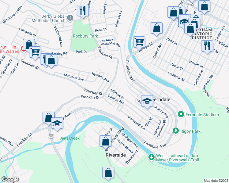 map of restaurants, bars, coffee shops, grocery stores, and more near 799 Balsam Alley in Johnstown