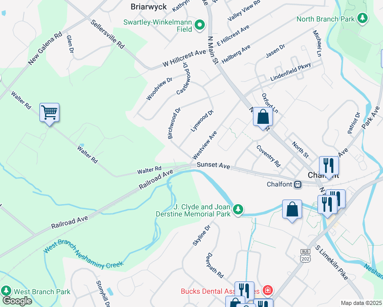 map of restaurants, bars, coffee shops, grocery stores, and more near 144 Birchwood Drive in Chalfont