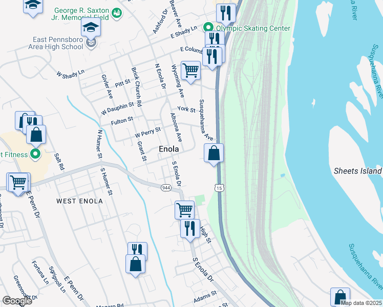 map of restaurants, bars, coffee shops, grocery stores, and more near 156 E Cumberland Rd in Enola