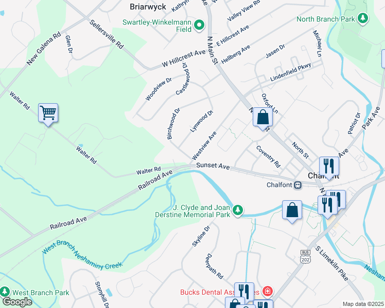 map of restaurants, bars, coffee shops, grocery stores, and more near 144 Birchwood Drive in Chalfont