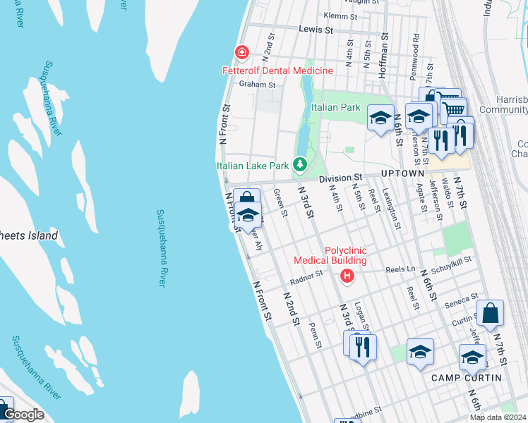 map of restaurants, bars, coffee shops, grocery stores, and more near 2809 North 2nd Street in Harrisburg