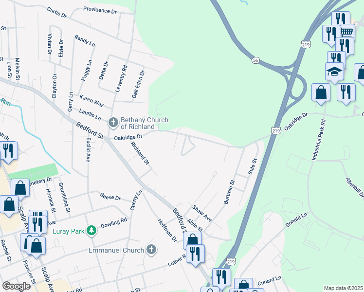 map of restaurants, bars, coffee shops, grocery stores, and more near 114 Ashlyn Drive in Johnstown