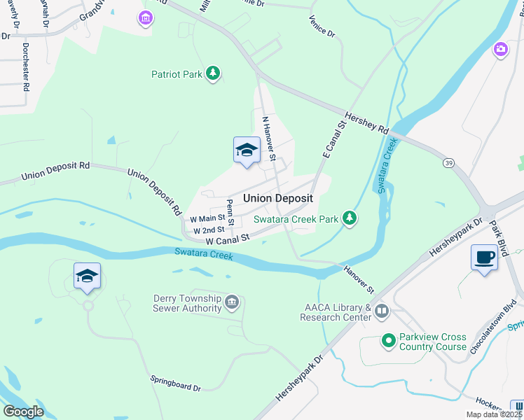 map of restaurants, bars, coffee shops, grocery stores, and more near 16 West Main Street in Hershey