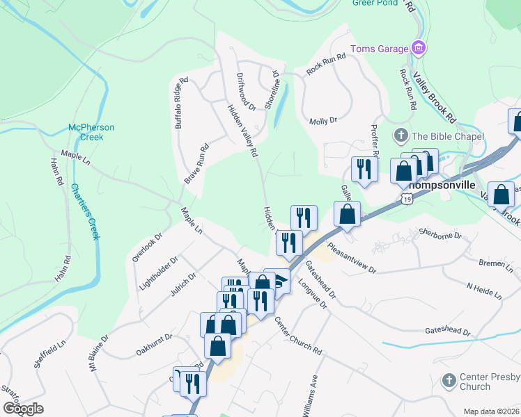 map of restaurants, bars, coffee shops, grocery stores, and more near 123 Hidden Valley Road in Canonsburg