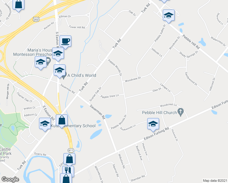 map of restaurants, bars, coffee shops, grocery stores, and more near 28 Pebble View Lane in Doylestown