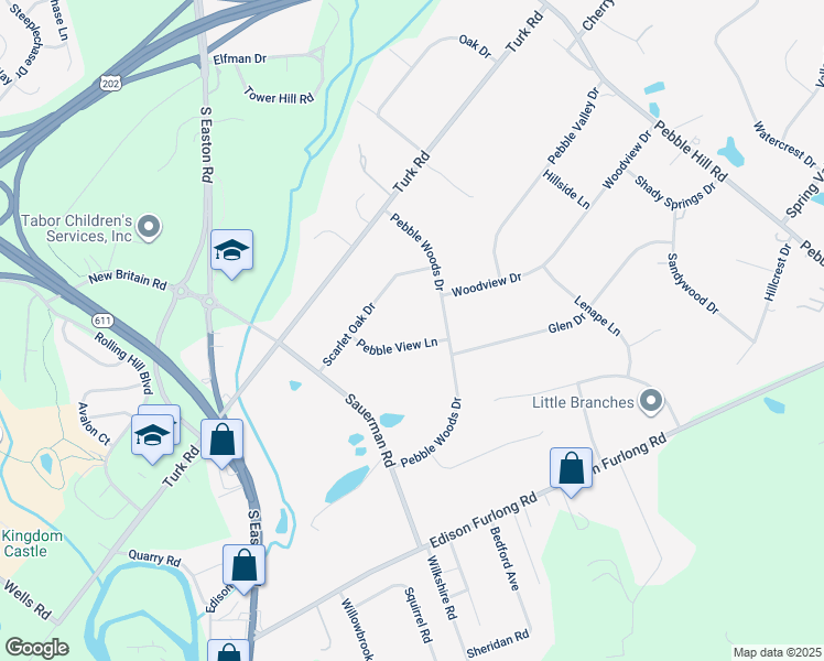 map of restaurants, bars, coffee shops, grocery stores, and more near 28 Pebble View Lane in Doylestown