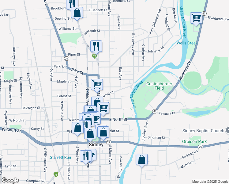 map of restaurants, bars, coffee shops, grocery stores, and more near 386 Canal Street in Sidney