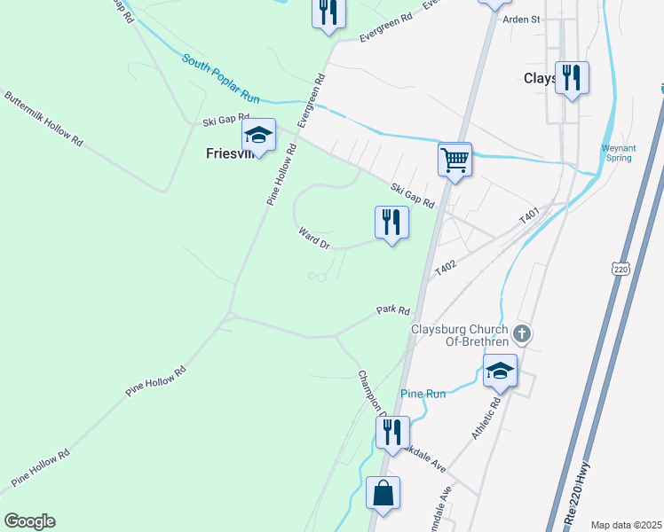 map of restaurants, bars, coffee shops, grocery stores, and more near Greenfield Way in Claysburg