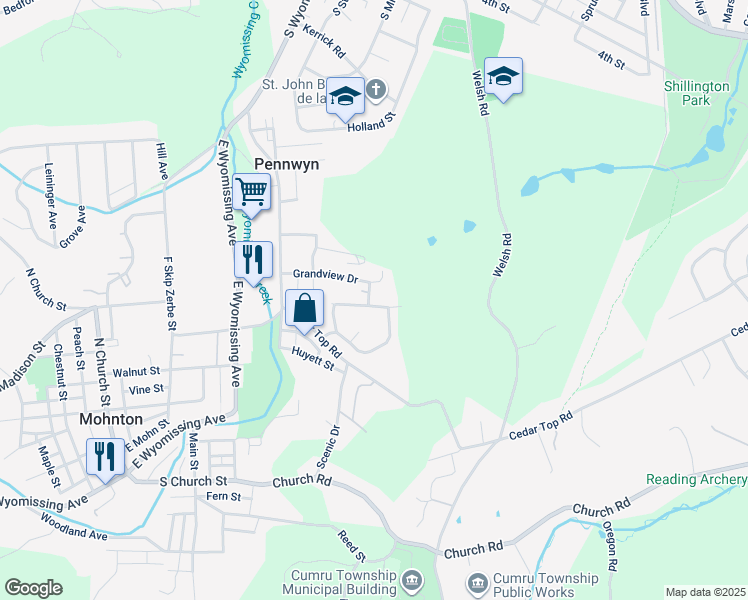 map of restaurants, bars, coffee shops, grocery stores, and more near 151 Castleton Drive in Reading