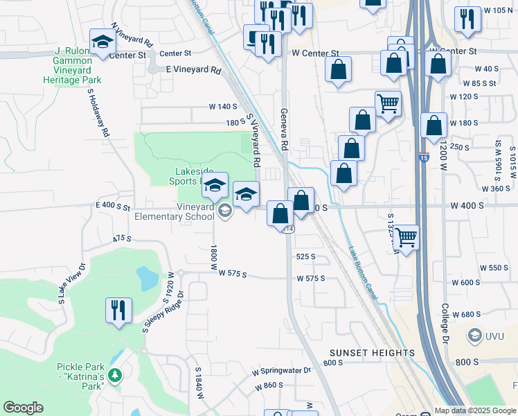 map of restaurants, bars, coffee shops, grocery stores, and more near 391 South Vineyard Road in Orem