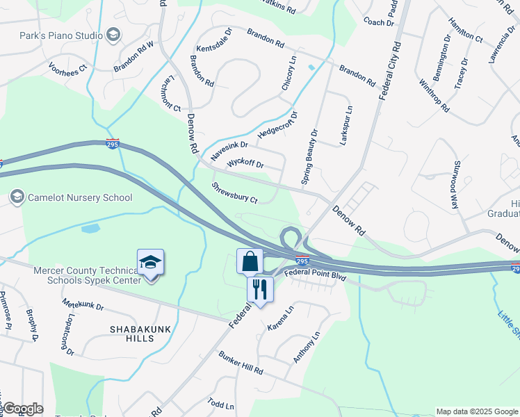 map of restaurants, bars, coffee shops, grocery stores, and more near 133 Shrewsbury Court in Pennington