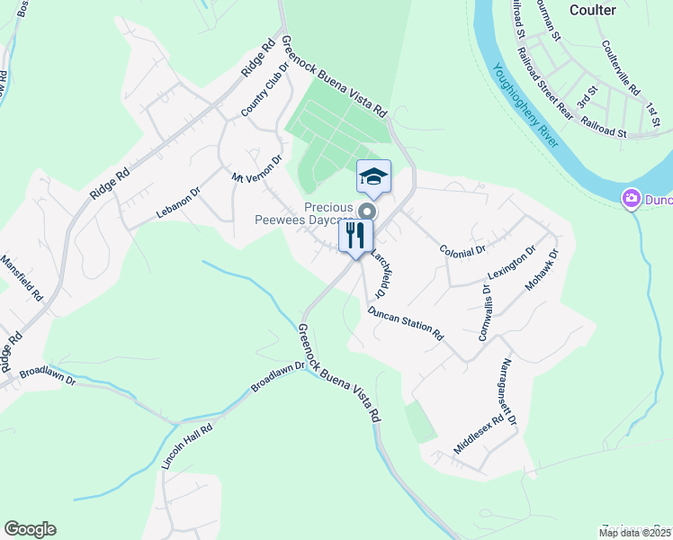 map of restaurants, bars, coffee shops, grocery stores, and more near 2512 Greenock Buena Vista Road in Elizabeth
