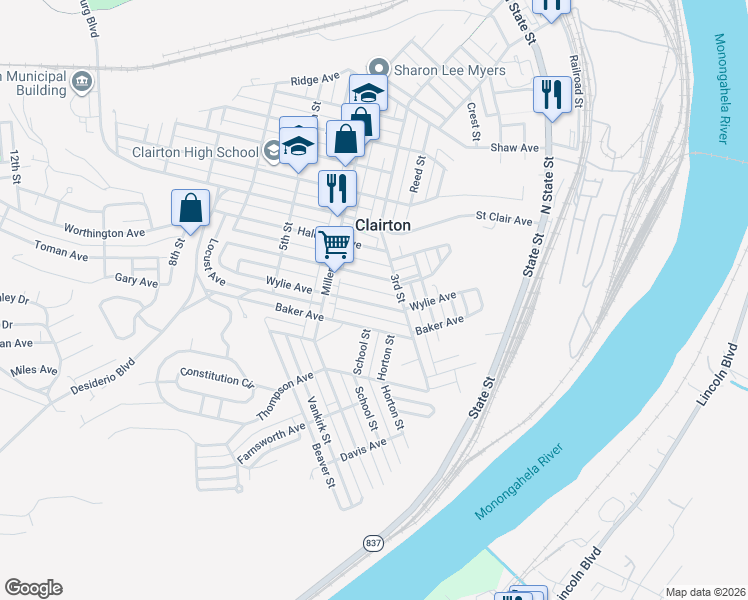map of restaurants, bars, coffee shops, grocery stores, and more near 343 Wylie Avenue in Clairton