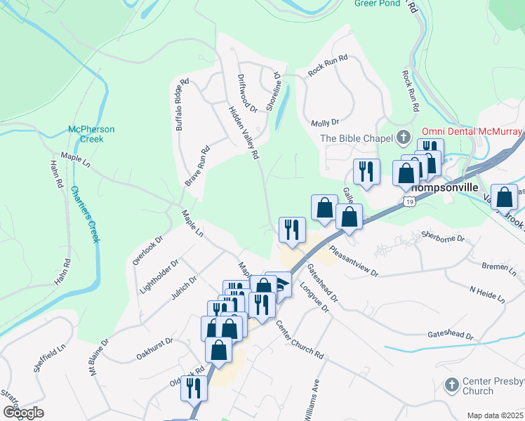 map of restaurants, bars, coffee shops, grocery stores, and more near 123 Hidden Valley Road in Canonsburg