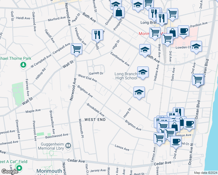map of restaurants, bars, coffee shops, grocery stores, and more near 379 West End Avenue in Long Branch