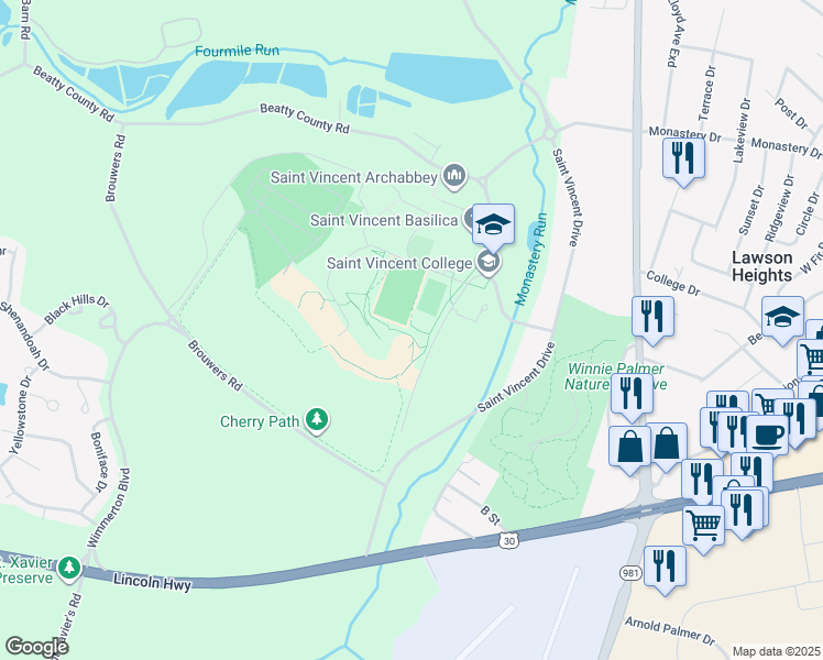 map of restaurants, bars, coffee shops, grocery stores, and more near in Latrobe