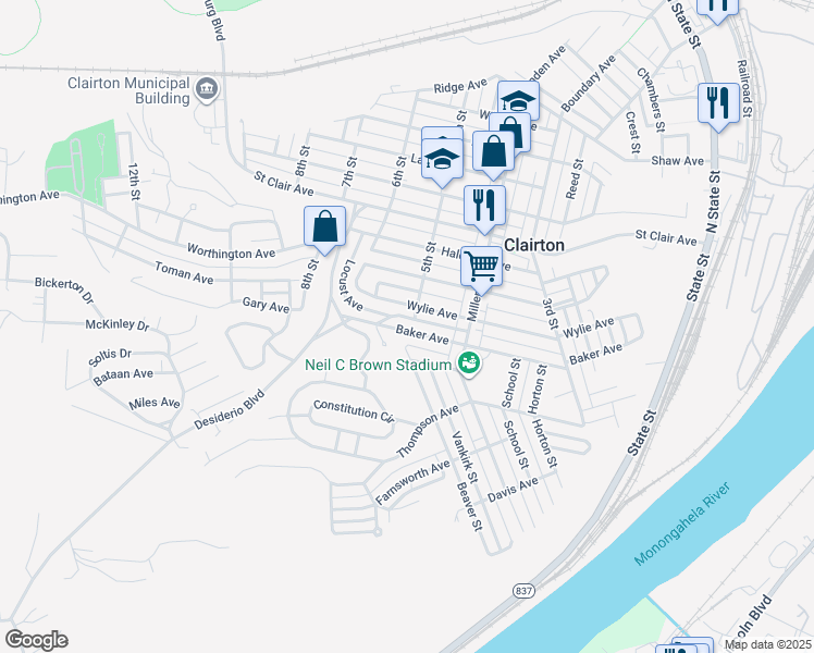map of restaurants, bars, coffee shops, grocery stores, and more near 505 Baker Avenue in Clairton