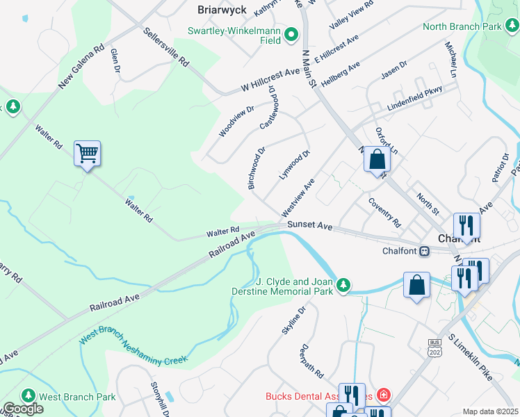 map of restaurants, bars, coffee shops, grocery stores, and more near 139 Birchwood Drive in Chalfont