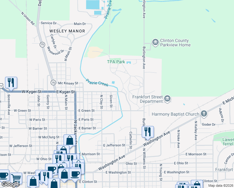 map of restaurants, bars, coffee shops, grocery stores, and more near 651 East Kyger Street in Frankfort