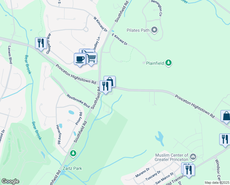 map of restaurants, bars, coffee shops, grocery stores, and more near 354 Princeton Hightstown Road in West Windsor Township