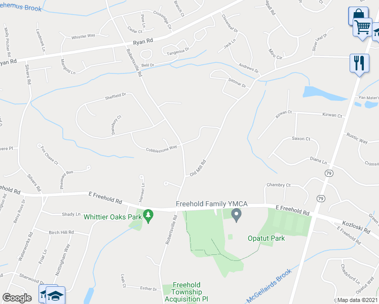 map of restaurants, bars, coffee shops, grocery stores, and more near 202 Robertsville Road in Freehold