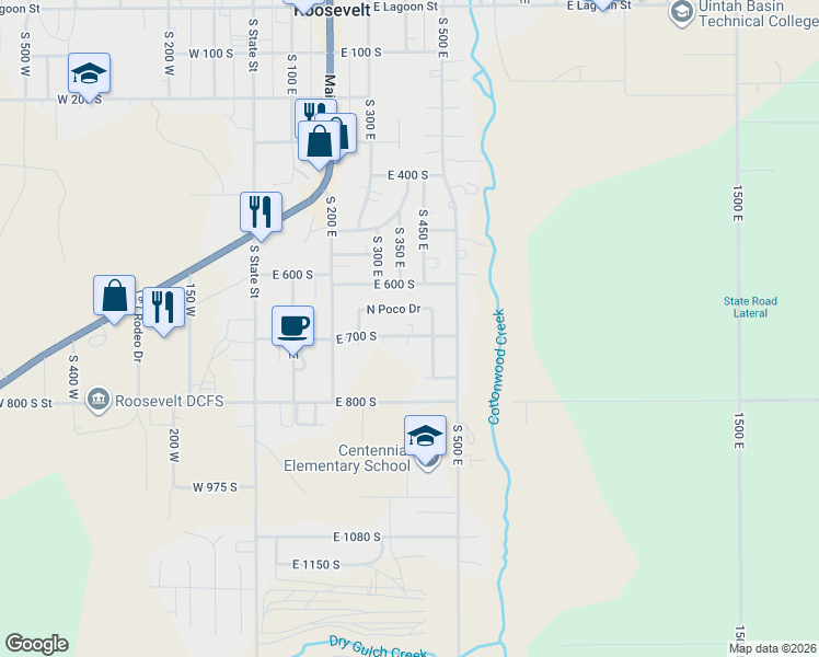 map of restaurants, bars, coffee shops, grocery stores, and more near 401 East 700 South in Roosevelt