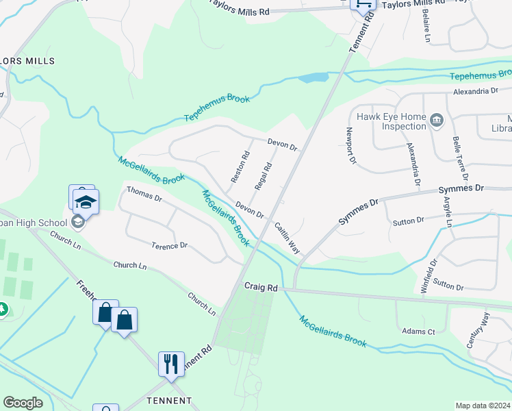 map of restaurants, bars, coffee shops, grocery stores, and more near 1 Regal Road in Manalapan Township