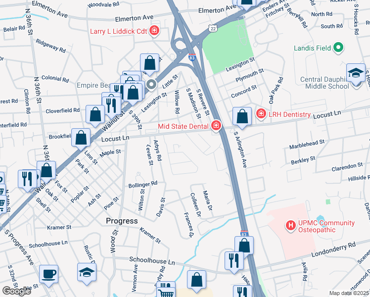 map of restaurants, bars, coffee shops, grocery stores, and more near 4030 Nancy Dr in Harrisburg