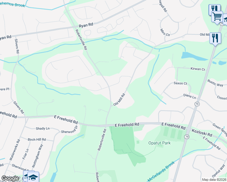 map of restaurants, bars, coffee shops, grocery stores, and more near 202 Robertsville Road in Freehold
