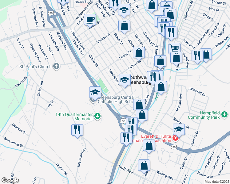 map of restaurants, bars, coffee shops, grocery stores, and more near 733 Cribbs Street in Greensburg