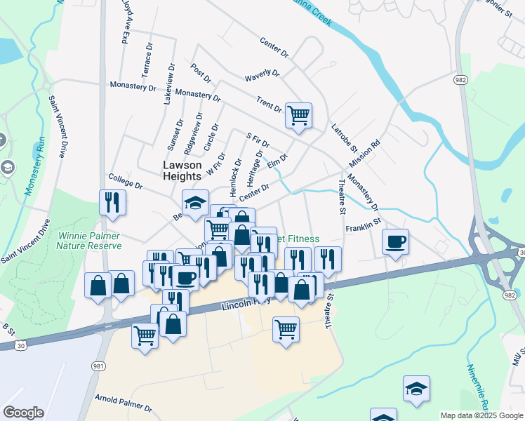 map of restaurants, bars, coffee shops, grocery stores, and more near 1226 Mission Road in Latrobe