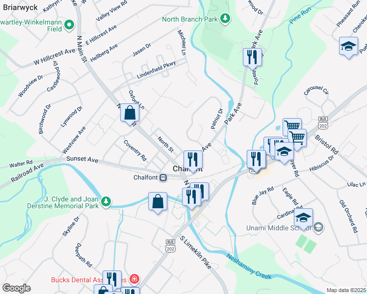 map of restaurants, bars, coffee shops, grocery stores, and more near 145 Chestnut Street in Chalfont