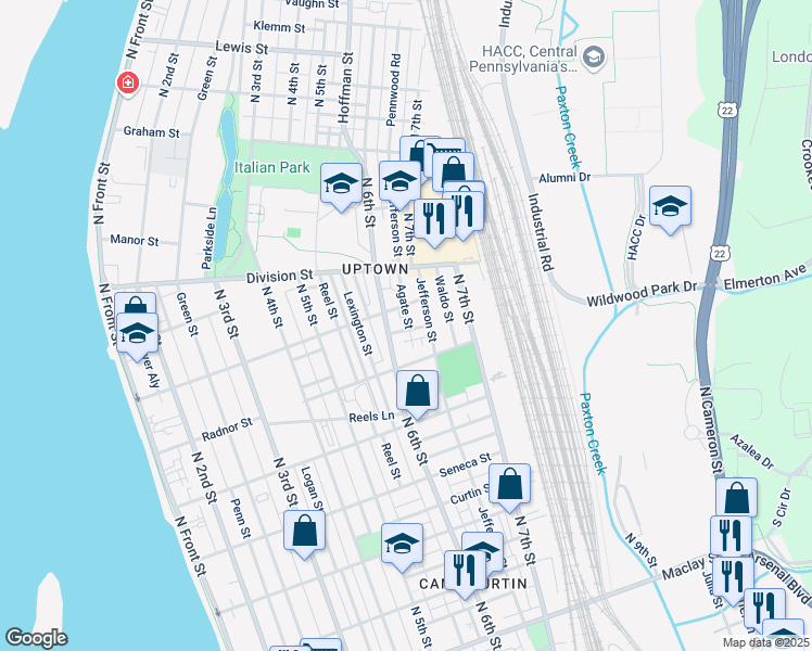 map of restaurants, bars, coffee shops, grocery stores, and more near 618 Geary Street in Harrisburg