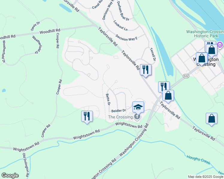 map of restaurants, bars, coffee shops, grocery stores, and more near 49 Betts Drive in Washington Crossing