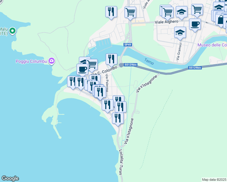 map of restaurants, bars, coffee shops, grocery stores, and more near 6 Via P. Nenni in Bosa