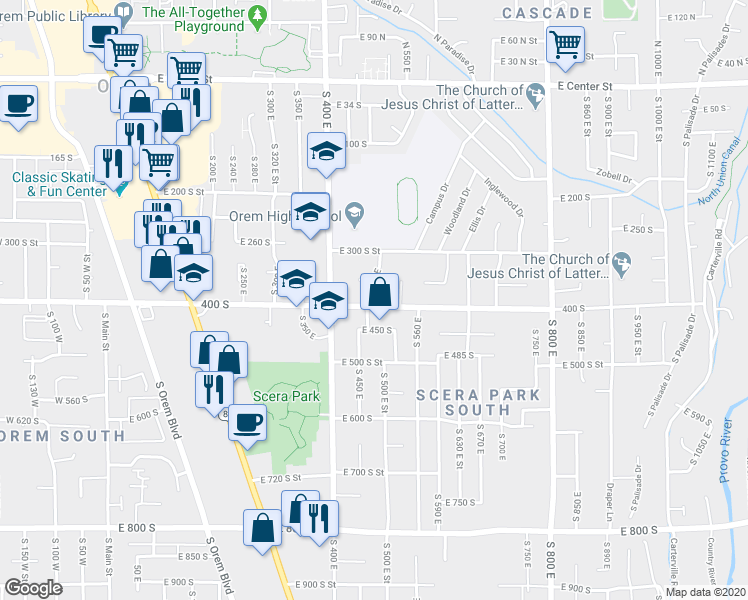 map of restaurants, bars, coffee shops, grocery stores, and more near 483 East 400 South in Orem