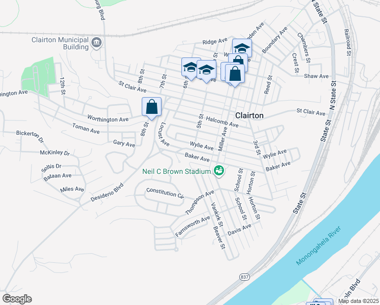 map of restaurants, bars, coffee shops, grocery stores, and more near 505 Baker Avenue in Clairton
