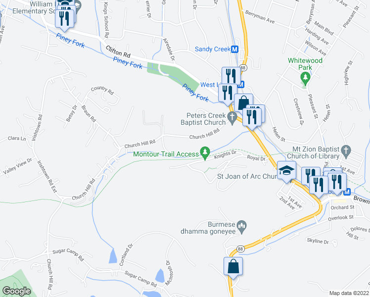 map of restaurants, bars, coffee shops, grocery stores, and more near 100 Church Hill Road in Bethel Park