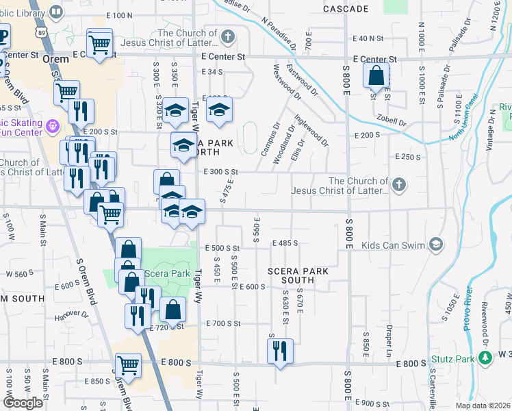 map of restaurants, bars, coffee shops, grocery stores, and more near 377 South 530 East in Orem