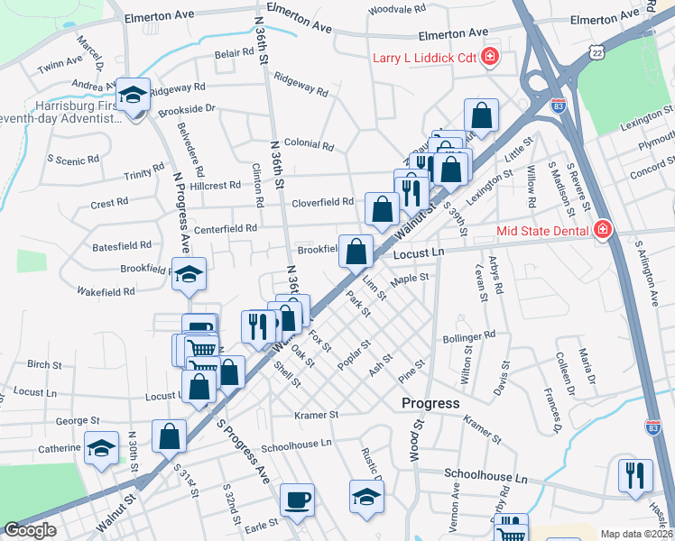 map of restaurants, bars, coffee shops, grocery stores, and more near 3720 Walnut Street in Harrisburg