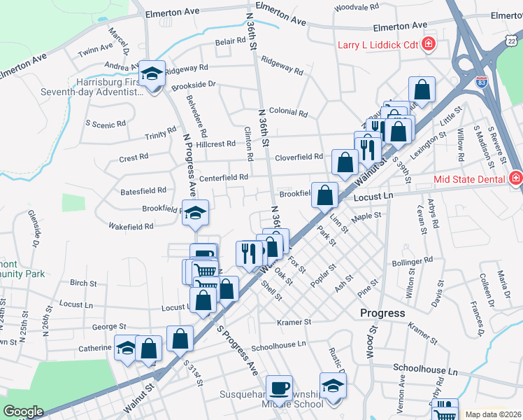 map of restaurants, bars, coffee shops, grocery stores, and more near 3591 Mobile Road in Harrisburg