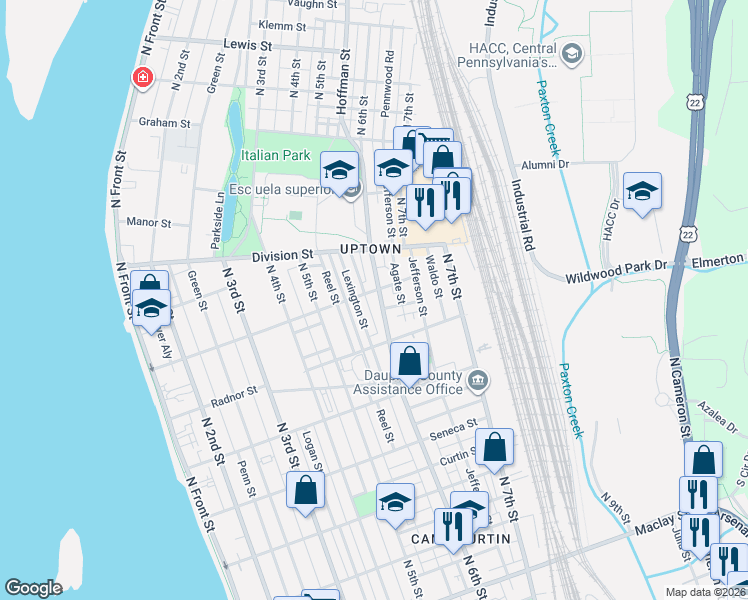 map of restaurants, bars, coffee shops, grocery stores, and more near 2661 North 6th Street in Harrisburg