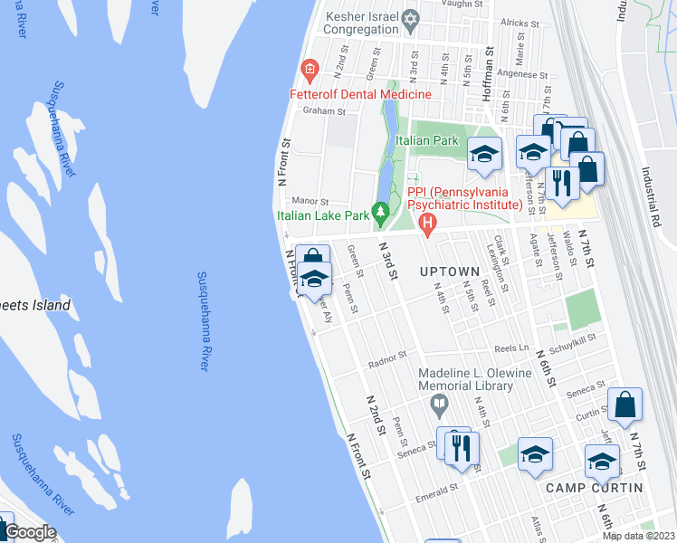 map of restaurants, bars, coffee shops, grocery stores, and more near 2809 North 2nd Street in Harrisburg