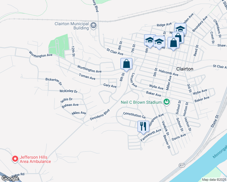 map of restaurants, bars, coffee shops, grocery stores, and more near 103 Jefferson Drive in Clairton