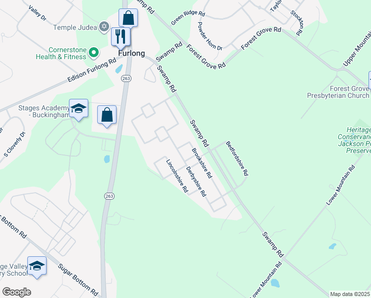 map of restaurants, bars, coffee shops, grocery stores, and more near 2182 Brookshire Road in Furlong