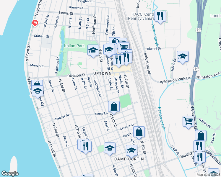 map of restaurants, bars, coffee shops, grocery stores, and more near 618 Geary Street in Harrisburg
