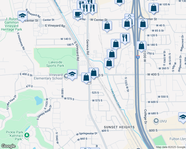 map of restaurants, bars, coffee shops, grocery stores, and more near 1908 400 South in Orem